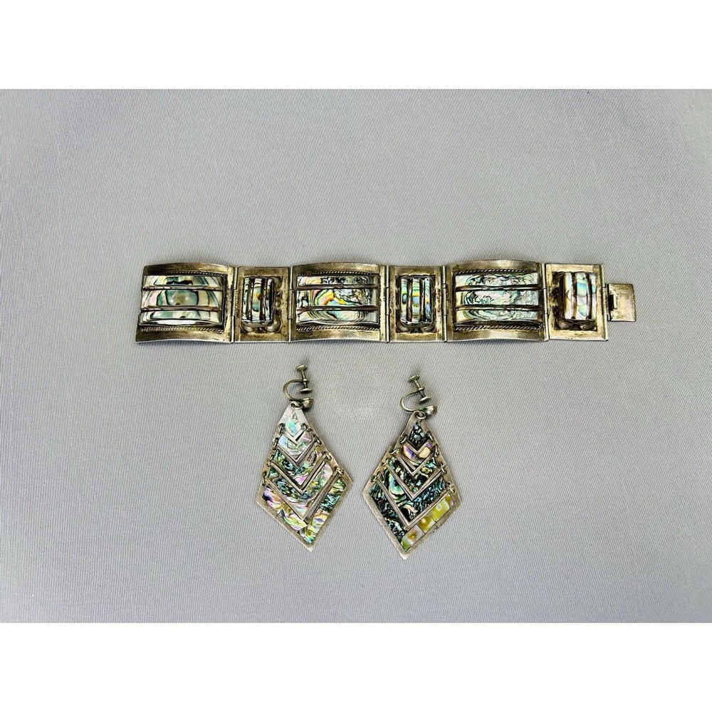 Sterling Silver Set Of Mexican Cuff Bracelet And Dangle Earrings .925 Fan Fan